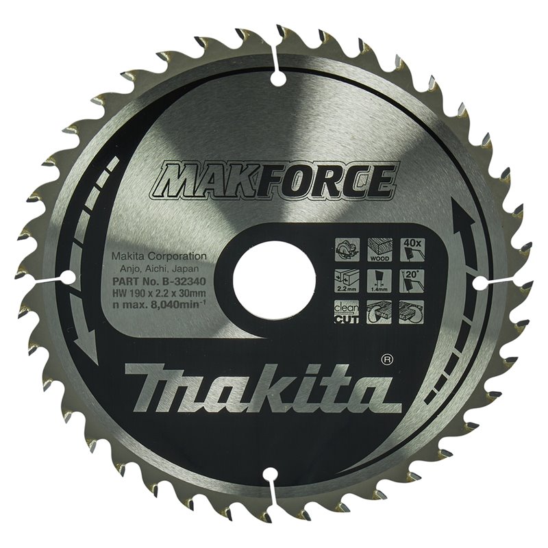 Disco sierra circular , Makparace T.C.T, 190 x 30 mm, 40 D Makita B-32340