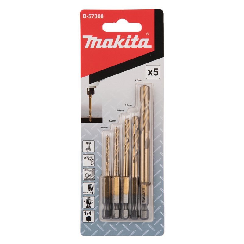 Estuche de brocas para metal, HSS-TIN 1/4" Hex, 5 piezas Makita B-57308